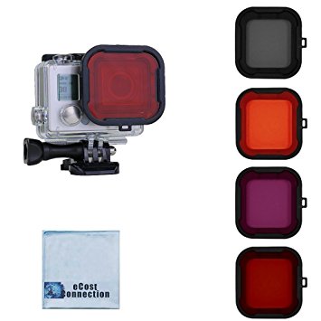 Filter Kit for GoPro Hero3  and Hero4 Standard Housing. Red, Purple, Orange and Gray Colors. Scuba Green Water, Scuba Tropical Water, ND & Warming Filters & an eCostConnection Microfiber Cloth