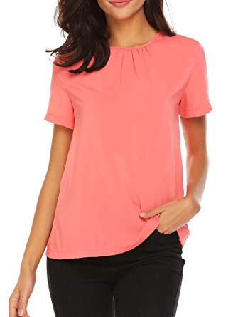 Wildtrest Women's Casual Short Sleeve Crew Neck Loose Pleated Chiffon Blouse