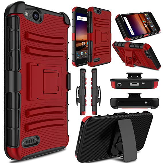 Elegant Choise for ZTE Blade Vantage Case, ZTE Tempo X Case, Heavy Duty Holster Shockproof Rugged Armor Defender Case Cover with Swivel Belt Clip and Kickstand for ZTE Z839/N9137 (Red/Black)