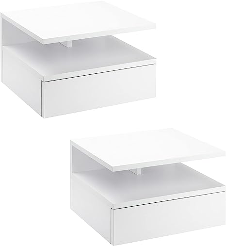 HOMCOM Lot de 2 Tables de Chevet murales - Lot de 2 Tables de Nuit - tiroir Coulissant, Niche, Plateau - Panneaux Particules Blanc