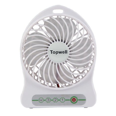 Topwell® 4-inch Vanes 3 Speeds Electric Portable Mini fan Rechargeable Desktop Fan Battery/ USB Powered Laptop PC Mute Cooler Cooling Operated Cool Cooler Fan with Rechargeable Battery and USB Charge Cable (White)