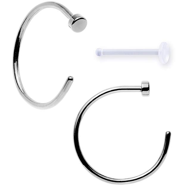 Body Candy Retainer and Pack of 2 Stainless Steel Nose Hoop Rings 20 Gauge 3/8"