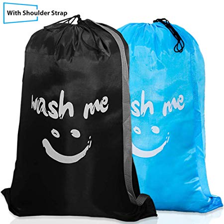 2 Pack Large Travel Laundry Bags with Shoulder Strap,Machine Washable Sturdy Rip-Stop delicates Nylon Material with Drawstring Closure for Kids Camp College（Black and Blue）