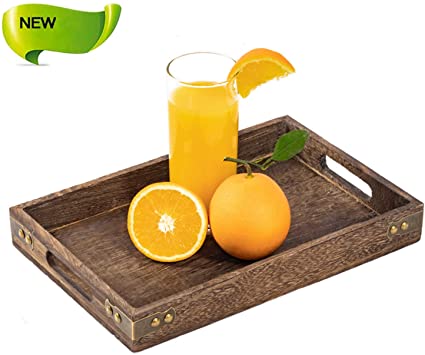 Sufandly Service Tray with Handles, Serve Coffee, Tea, Cocktails, Appetizers, Rectangle Wood Breakfast Bed Tray 11.8X 7.9 Inch