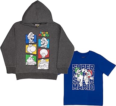 Nintendo Super Mario Hoodie and T-Shirt Combo 2-Pack for Boys, Boys Super Mario Hooded Sweatshirt and Tee Bundle Set