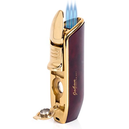 JOBON Triple Jet Torch Flame Butane Gas Cigarette Cigar Lighter with Cigar Punch (Wood Grain)