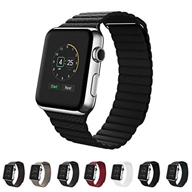 Apple Watch Band,SUNKONG® 42mm Black Leather Loop Strap With Strong Magnetic Closure For All Apple Watch Sport And Edition(Black)