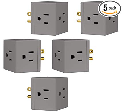 GE 3-Outlet Wall Tap, 5 Pack, Extra-Wide Adapter Spaced, Grounded, Easy Access Design, Indoor, Gray, 47038