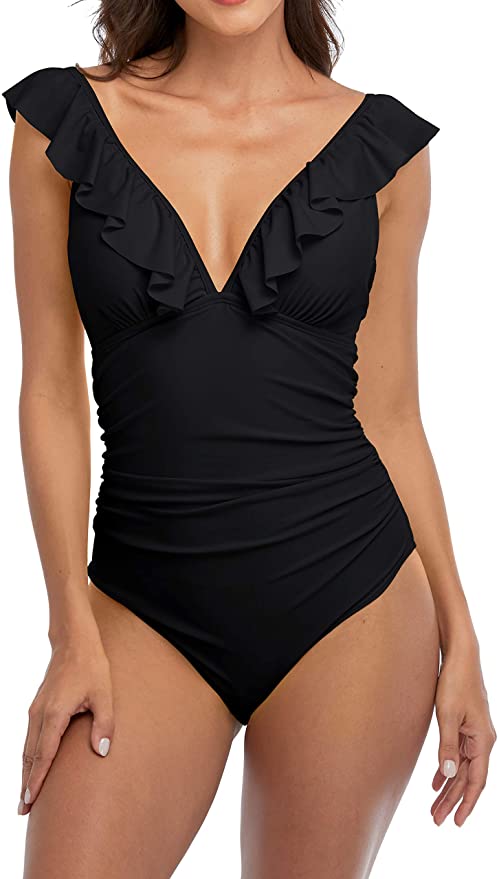 Sociala Ruffle One Piece Swimsuits for Women V Neck Ruched Monokini Bathing Suits