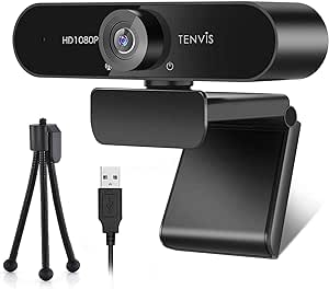 TENVIS 1080P USB Webcam with Tripod, 120° Wide Angle Webcam for PC/Desktop, Streaming Camera with Microphone for Video Conference, Low Light Correction, Plug & Play Camera for Zoom/Skype/Youtube