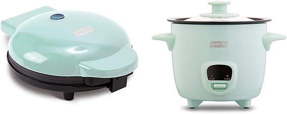 DASH 8” Express Electric Round Griddle & Snacks - Aqua & Mini Rice Cooker Steamer with Removable Nonstick Pot, Keep Warm Function & Recipe Guide, 2 cups, Aqua