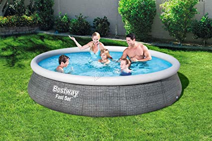 KMS BestWay 13' x 33" Family Garden Outdoor Swimming Pool Fast Set Round Above Ground Rattan Print With Filter Pump 57376 New