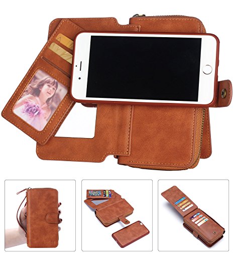 iPhone 6s Wallet Case, Bellivin 11 Slots Card Holder Large Capacity [Zipper Clutch Case] with Magnetic Detachable Folio & Mirror, Premium Vegan Leather Purse for iPhone 6/6S (Nubuck Brown 4.7")