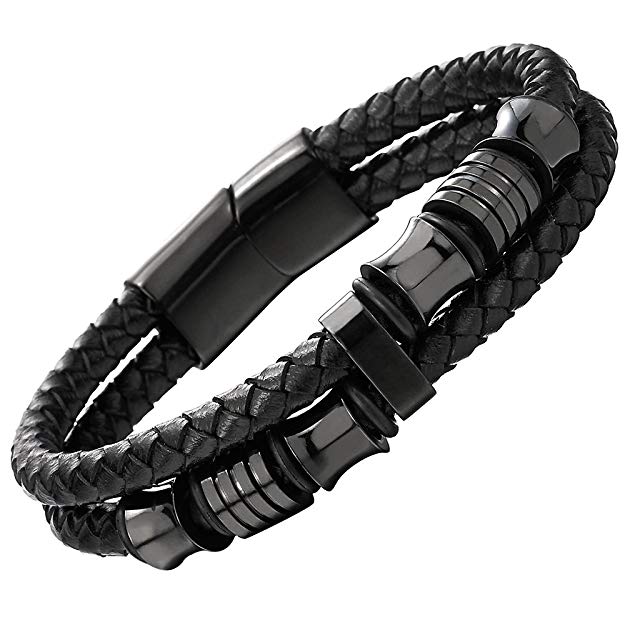 COOLSTEELANDBEYOND Mens Double-Row Black Braided Leather Bracelet Bangle Wristband with Black Stainless Steel Ornaments