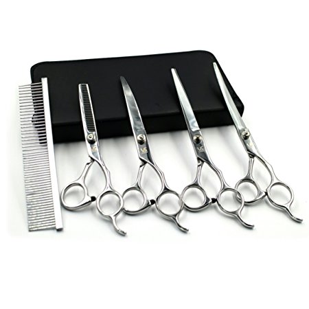 Dog Grooming Scissors, RIOGOO 7 Inch Stainless Steel Curved Scissor Provided With Pouch and Steel Grooming Comb Set