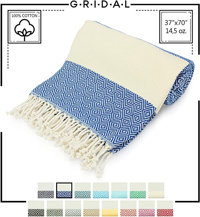 GRIDAL Diamond Turkish Towel (Peshtemal) Natural & Vegan Bath Towel & Beach Towel 100% Cotton - 37 x 70 | at: Beach, Bath, Gym, Pool, Sauna, Travel, Spa | as: Wrap, Shawl, Throw (Bahama Blue)