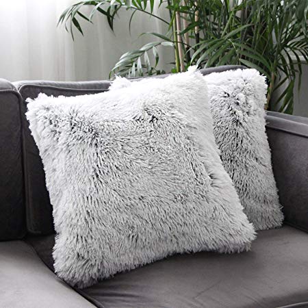 Uhomy Home Decorative Luxury Series Super Soft Faux Fur Throw Pillow Cover Cushion Case for Sofa Bed Chair Car Gray Ombre 18x18 Inch 45x45 cm, Single