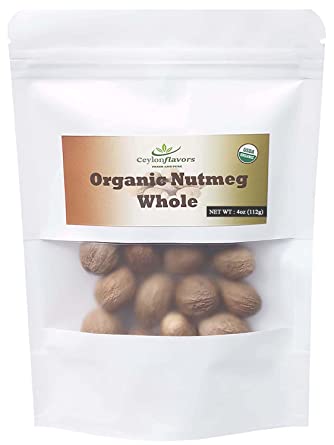 Organic Whole Nutmeg 112g (4oz), Premium Grade, Harvested & Packed from a USDA Certified Organic Farm in Sri Lanka (stand up resealable pouch)