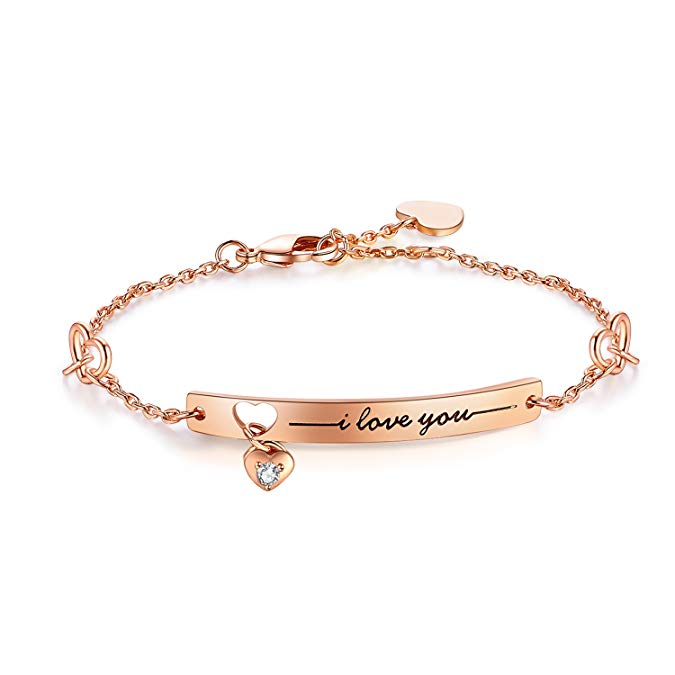 NINAMAID “I Love You” Engraved Sparkling Cubic Zirconia Gold Plated Bracelet 8 inches