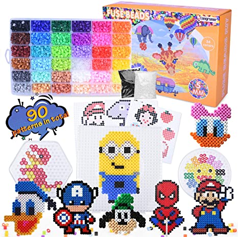Longruner 10000, 36 Colors Fuse Beads Kit 5mm DIY Art Craft Toys for Kids with 4 Pegboards, 60 30 Pattern Paper| B, 10000pcs