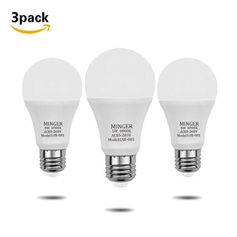 MINGER Sensor Lights Bulb, 5W Smart Automatic Dusk to Dawn LED Bulbs with Auto on/off, Indoor / Outdoor Lighting Lamp for Porch, Hallway, Patio, Garage (E26/E27, 450lumen, Cold White) [3-Pack]