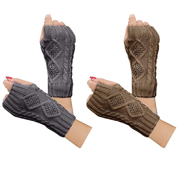 2 Pairs Women Winter Warm Knit Fingerless Gloves Hand Crochet Thumbhole Arm Warmers Mittens