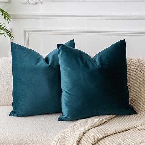 JUSPURBET Euro Peacock Blue Velvet Throw Pillow Covers 26x26 Set of 2,Decorative Solid Soft Cushion Cases for Couch Sofa Bed