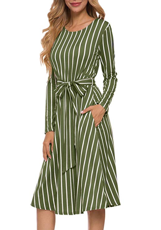 levaca Women's Flowy Striped Long Sleeve Pocket Modest Work Midi Dress with Belt