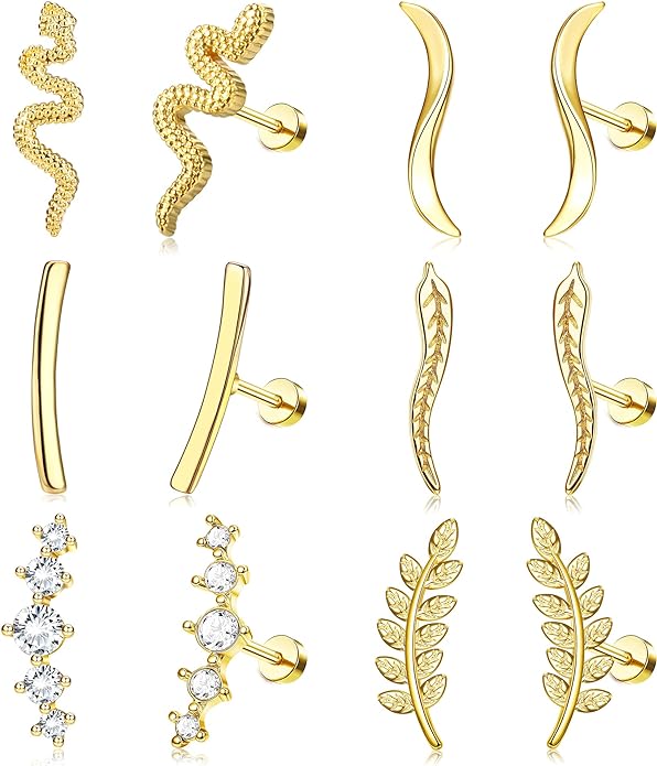 BESTEEL 6 Pairs 16G Stainless Steel Cartilage Earrings Ear Climbers Earrings for Women Gold Helix Crawler Earrings Stud Opal CZ Helix Conch Piercing Jewelry Flat Back Earrings for Upper Ear Cartilage