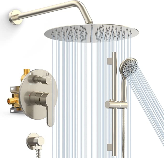 SR SUN RISE 12 Inch Rain Shower System, High Pressure Shower Heads and Handheld 6-Spray Combo Set Slide Bar Shower Faucets Sets Complete Included Valve and Trim Kit for Bathroom, Brushed Nickel