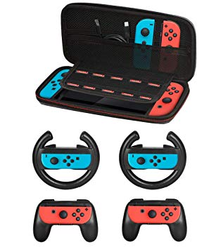 Accessories Kit for Nintendo Switch Games Starter, 2X Steering Wheel, 2X Grip Kit, 1x Travel Carry Case(5 in 1) Black