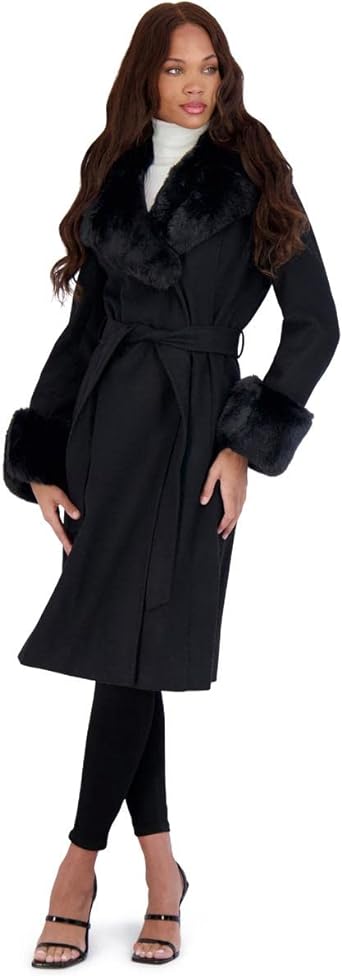 VIA SPIGA Women's Long Wool Wrap Coat with Faux Fur Trim
