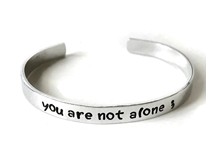 you are not alone ; adjustable aluminum metal stamped cuff bracelet // gift for fandom metal health donation depression anxiety semicolon semi colon