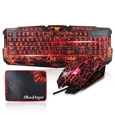 Gaming Keyboard and Mouse Combo-BlueFinger USB Wired LED Backlit Keyboard and Mouse Set with Cool Crack Pattern Adjustable Color Mouse  BlueFinger Customized Gaming Mouse Pad