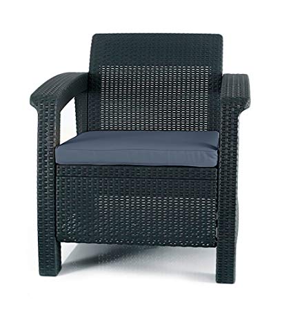 Keter Corfu Armchair All Weather Outdoor Patio Garden Furniture with Cushions, Charcoal