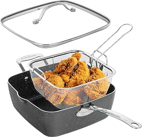 Granitestone 9.5 Inch Deep Frying Pan with Lid, 4 Pc Non Stick Deep Square Frying Pan Set with Steamer & Fry Basket, Large Frying Pan/Saute Pan for Cooking, Dishwasher/Oven Safe, 100% Non Toxic