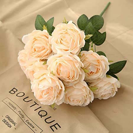 Jasion Artificial Roses Flowers 10 Heads Arrangement Silk Bouquet Glorious Moral for Home Office Parties and Wedding Decoration (Champagne)