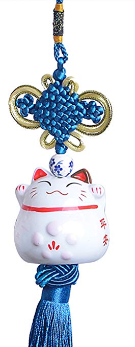 Maneki Neko - Japanese Lucky Cat Charm - Porcelain Figurine Hanging Pendant (Blue)