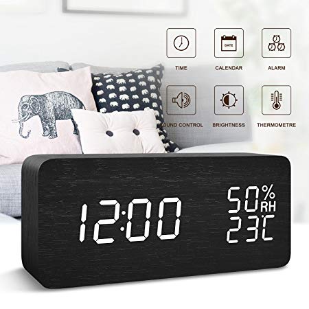 FiBiSonic Office Desk Clock Black Wooden Clock White LED Digital Voice/Touch Control Desk Silent Modern Style Alarm Clock with Thermometer and Hygrometer, Best Gifts for Friends/Families