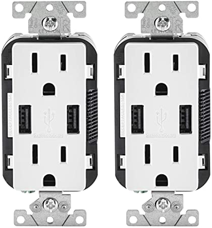 Leviton T5632-2Pk USB Charger/Tamper-Resistant Duplex Receptacle, 15-Amp, 2-Pack, White