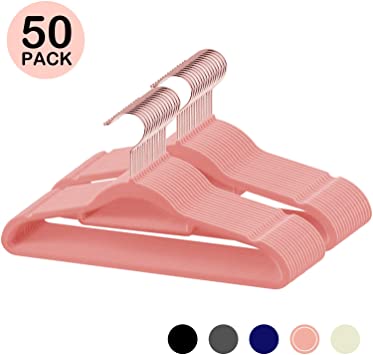 IEOKE Velvet Hangers, 50 Pack Nonslip Clothes Hangers Heavy Duty 360 Swivel Hanger Hook Ultra Thin Clothes Racks Perfect for Space Saving (Pink)