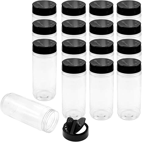 Foraineam 16 Pack 15 oz Plastic Spice Jars Containers Bottles with Black Flip Cap To Pour Or Sifter Shaker, Perfect for Storing Spice, Powders and Herbs