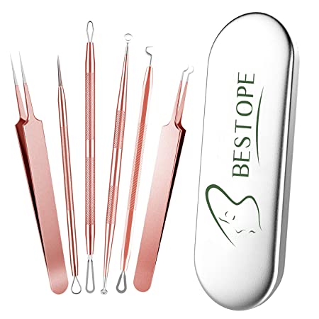 BESTOPE Blackhead Remover Pimple Popper Tool Kit 6Pcs Blackhead Extractor Tool Blackhead Tweezer Comedone Extractor Zit Popper Acne Whitehead Extraction Tool for Nose Face with Metal Case