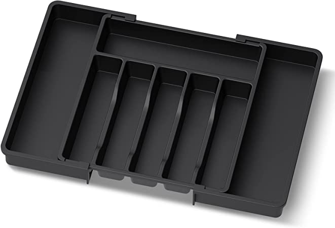 Lifewit Silverware Drawer Organizer, Expandable Utensil Tray for Kitchen, Adjustable Flatware and Cutlery Holder, Compact Plastic Storage for Spoons Forks Knives, Large, Black