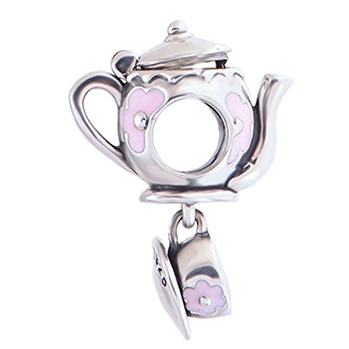 Globalwin 925 Sterling Silver Disney Mad Teapot Cup Set Enamel Charms Fit Pandora Bracelets for Women