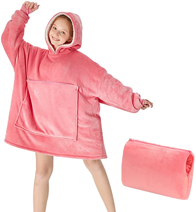 Yescool Wearable Blanket Sweatshirt Kids, Oversized Blanket Hoodie with Sherpa for Kids, Youth, Boys, Girls, Portable Warm Travel Pillow, Teen Wearable Blankets, Hand Warmer, One Size, Pink