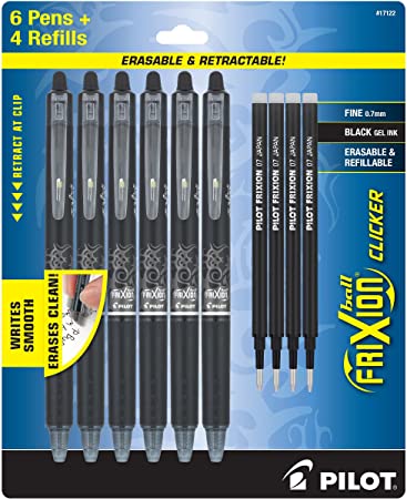 Pilot Frixion Erasable Pens - 6 Pack of Black Ink Pens   4 Bonus Refills - Frixion Clicker Erasable Pens Retractable Gel Ink Pen - Fine Point 0.7 mm Used for Rocketbook & Notebook