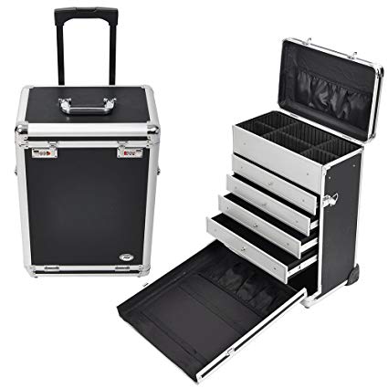 AW Pro Rolling Jewelry Makeup Case w/Drawers Code Lock Aluminum Portable Display 14x9x20" Black Box