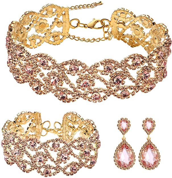 3-4 Pack Rhinestone Crystal Choker Necklace Tiara Crown Link Bracelet Teardrop Dangle Earrings Jewelry Sets for Women Girls