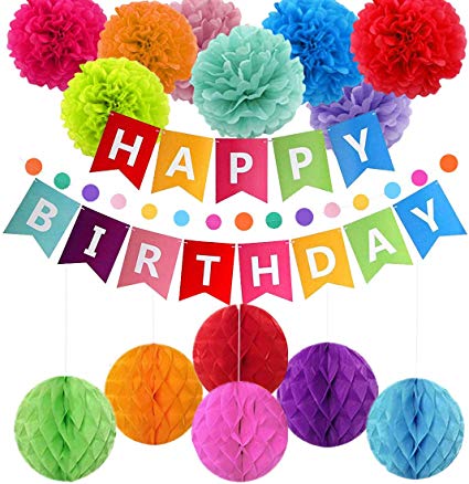 pushang - Birthday Decorations, Colorful Birthday Party Decoration for Adults Kids,Birthday Supplies - Happy Birthday Banner,Paper Garland,Lantern for Decor